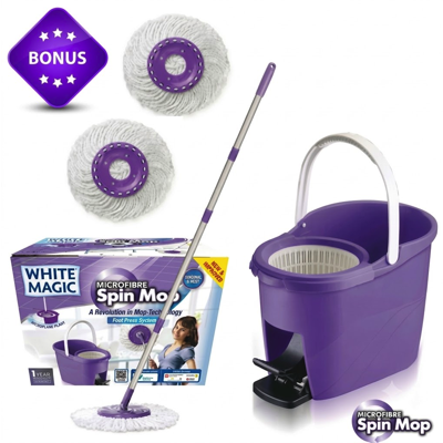 WHITE MAGIC NEW Spin Mop With Foot Press (BONUS 2 MOP HEAD)